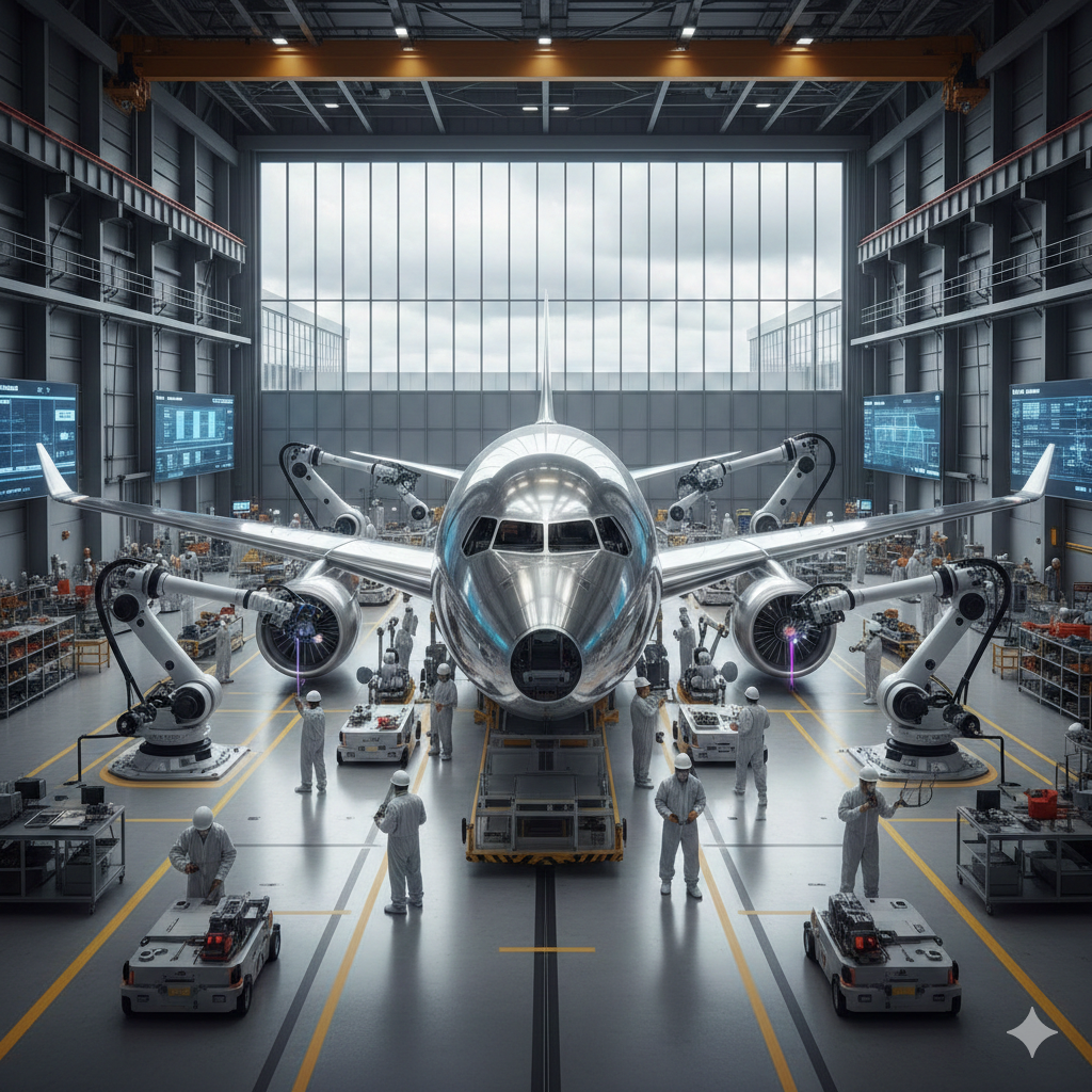 A photorealistic wide shot of an advanced aircraft factory floor, showing a sleek commercial airplane fuselage being assembled by engineers and automated robotic arms in a clean hangar.